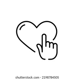 Finger tapping on heart. Donation to charity or social media likes. Pixel perfect, editable stroke line icon