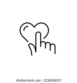 Finger klopfen auf ein Herz. Positive Reaktion auf soziale Medien. Pixel perfektes, bearbeitbares Strichsymbol