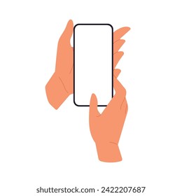 Finger tapping on mobile phone, blank smartphone screen. Clicking on cellphone. Flat vector illustration isolated on white