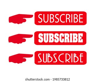 icono de plantilla de dedo que apunta al cuadro de suscripción rojo. texto de suscripción roja. Botón rojo suscribirse al canal, blog. Antecedentes en medios sociales. Comercialización. Ilustración vectorial de píxeles perfecta. EPS 10