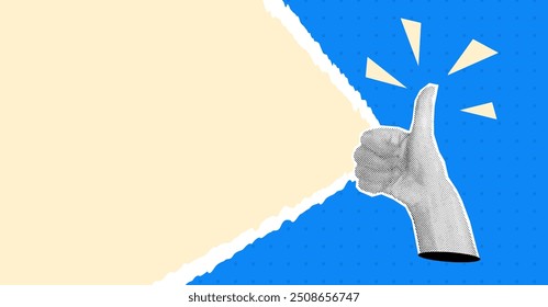 Fingerschlag nach oben in Halbton-Collage-Stil. Pop-Art-Banner mit leerem Platz. Trendy Vektor Zeitungsposter auf zerrissenem Papierhintergrund