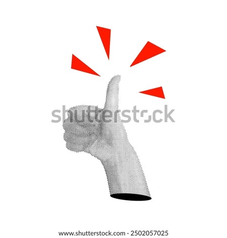 Finger thump up in halftone collage style. Gesture I like, ok. Pop art dotted texture. Trendy vintage newspaper parts. Vector element on transparent background