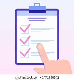 finger touch checklist on clipboard. Online survey concept. Checklist on tablet display, checkboxes with check mark. List of purchases, tasks, to do, wish list banner