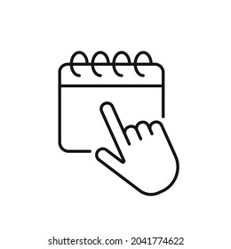 Icono lineal con toque de dedo. Ilustración personalizable de línea delgada del calendario. Símbolo de contorno. Dibujo de contorno aislado del vector. Trazo editable