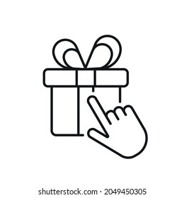 Finger touch linear icon. Gift box thin line customizable illustration. Vector isolated outline drawing. Editable stroke