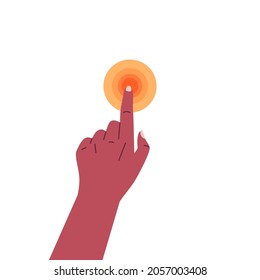 Finger touch screen. Close up hand clicking button. Vector illustration in flat style.