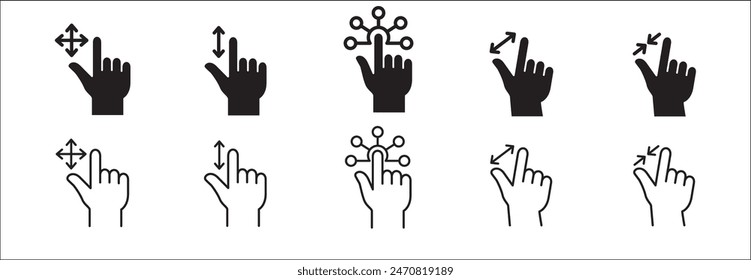 Finger touch screen gesture icon set. Touch gestures icons for navigation, zoom, and setting. Vector stock icon isolated on white. Graphic design for button template and illustration.