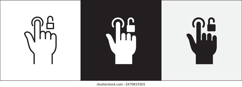 Finger touch screen gesture icon. Fingerprint and pattern lock or unlock screen icon. Biometric sensor sign. Vector stock icon isolated on white. Graphic design for button template and illustration.