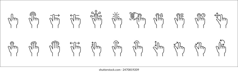 Finger touch screen gesture icon set. Touch and swipe gesture vector icons. Touch screen operation and navigation symbol. Contain icon like double tap, long click, zoom, move. Vector stock image.