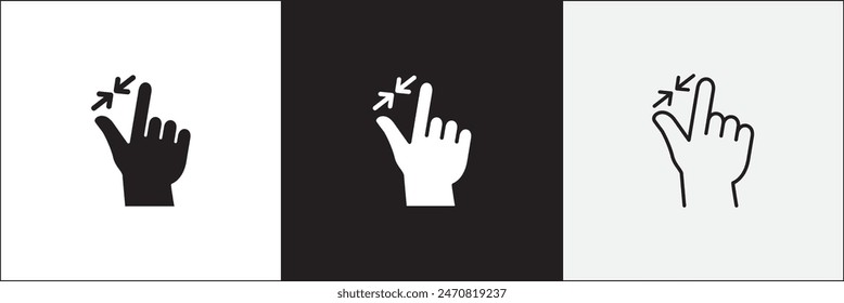 Finger touch screen gesture icon set. Pinch in on touchscreen gesture icon. Zoom out touch icons. Vector stock icon isolated on white. Graphic design for button template and illustration.