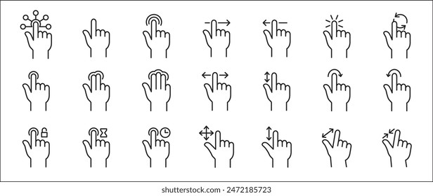 Finger touch screen gesture icon set. Touch and swipe gesture vector icons. Touch screen operation and navigation symbol. Contain icon like double tap, long click, zoom, move. Vector stock image.