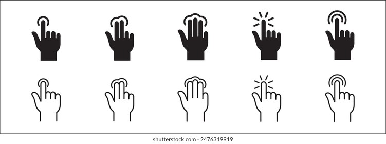 Finger touch screen gesture icon set. Three finger touch gesture icon. Multiple touch point symbol. Vector stock icon isolated on white. Graphic design for button template and illustration.