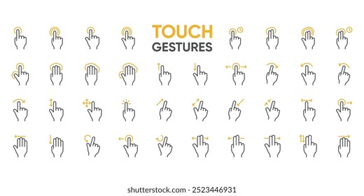 Fingerberührungsbildschirm-Gesten-Symbolsatz. Tippen und wischen Sie die Vektorsymbole der Geste. Touchscreen-Bedienung und Navigationssymbol.Einfache Vektorgrafik.