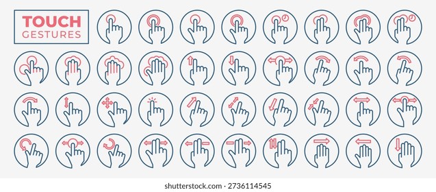 Conjunto de iconos de gestos de pantalla táctil de dedo. Toque y deslice los iconos vectoriales de gestos. Operación de la pantalla táctil y símbolo de navegación. Ilustración vectorial simple.