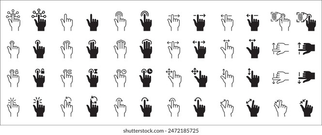 Finger touch screen gesture vector icon collection. Touch and swipe gesture icons set. Touch screen operation and navigation symbol. Contain icon like double tap, long click, zoom, move.