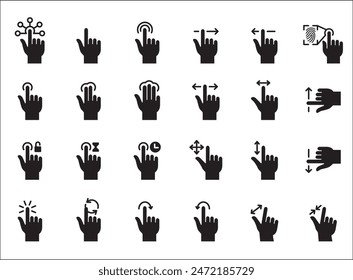 Finger touch screen gesture vector icon collection. Touch and swipe gesture icons set. Touch screen operation and navigation symbol. Contain icon like double tap, long click, zoom, move.