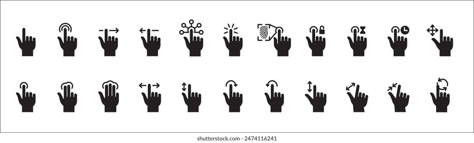 Finger touch screen gesture vector icon collection. Touch and swipe gesture icons set. Touch screen operation and navigation symbol. Contain icon like double tap, long click, zoom, move.