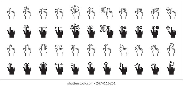 Fingerberührungsbildschirm Geste Vektorgrafik Symbol Kollektion. Gestensymbole für Berühren und Wischen eingestellt. Touchscreen-Bedienung und Navigationssymbol. Enthält Icons wie Doppeltippen, langes Klicken, zoomen, bewegen.