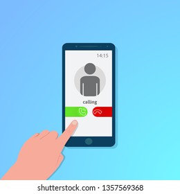 Finger touch of smartphone coming call screen with blue background, vector, illustration, eps file