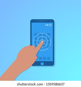 Finger touch of smartphone screen with blue background, vector, illustration, eps file