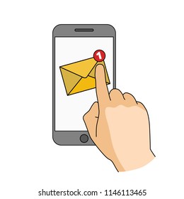 Finger touch smartphone screen with new mail notification. Modern concept for web banners, web sites, infographics. Creative flat design. Vector illustration