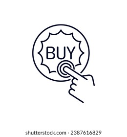 The finger touches the buy button. Make a purchase.  Vector linear illustration icon isolated on white background.