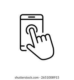  finger toca a tela de um vetor de ícone de linha de smartphone. Clique no vetor de ícone de linha móvel