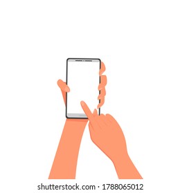 El dedo toca la pantalla táctil, la mano sostiene un teléfono con un monitor blanco. Ilustración vectorial, diseño de color de caricatura plana, aislado en fondo blanco, eps 10.