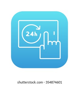 Finger touching 24 hours service button on a touchscreen line icon for web, mobile and infographics. Vector white icon on the blue gradient square with rounded corners isolated on white background.