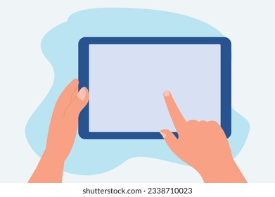 Finger touching blank screen of tablet computer. flat design vector