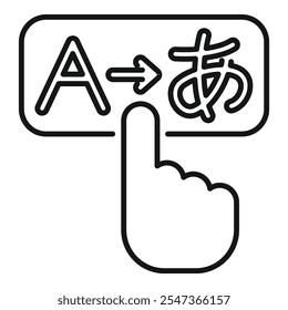 Finger está tocando un Botón con un latín transformándose en un personaje japonés, concepto de App de traducción