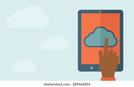A finger touching cloud on a tablet touch screen. Cloud computing concept. A Contemporary style with pastel palette, soft blue tinted background with desaturated clouds. Vector flat design