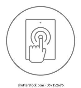 Finger touching digital tablet line icon.