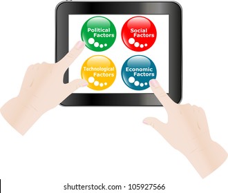 Finger touching digital tablet screen with business factors. Vector illustration