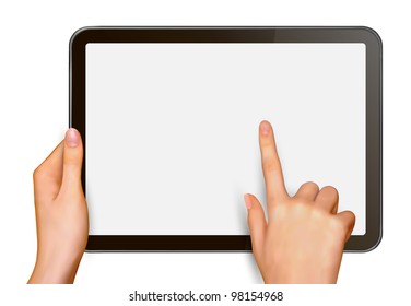 Finger touching digital tablet screen. Vector illustration.