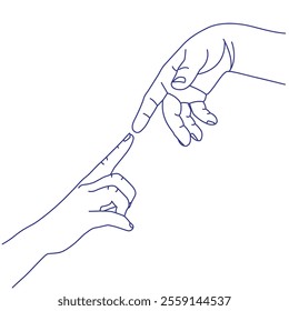 Finger touching. Hand gesture. Contour vector illustration. Index, middle, ring, little fingers and thumb