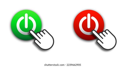 Finger touching on power button. Red and green button with shadows and finger icon pointing on it. Flat vector illustration.