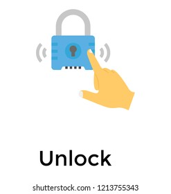 Finger touching padlock, unlock concept flat icon 