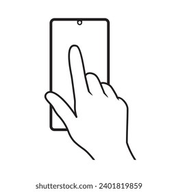 Finger touching the phone screen outline vector illustration isolated on white background, eps