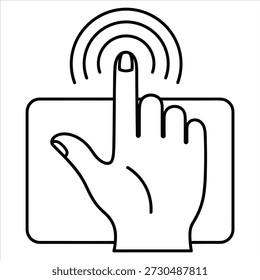 Finger touching a screen with radiating waves, signifying interaction or a tap