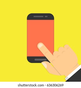 Finger touching smartphone screen. Flat cartoon style. Vector illustration.