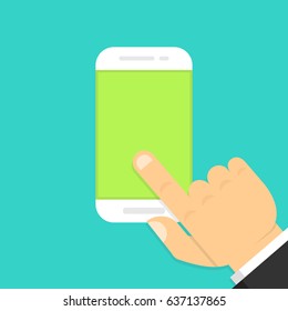 Finger touching smartphone screen. Flat cartoon style. Vector illustration.