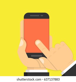 Finger touching smartphone screen. Flat cartoon style. Vector illustration.