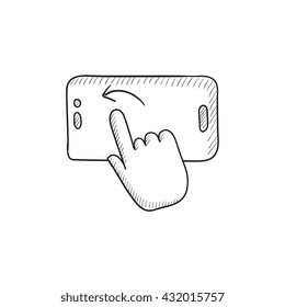 Finger touching smartphone vector sketch icon isolated on background. Hand drawn Finger touching smartphone icon. Finger touching smartphone sketch icon for infographic, website or app.