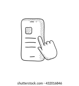 Icono de esbozo del vector del smartphone con toque de dedo aislado en segundo plano. Dibujo mano Dedo tocando el icono del smartphone. Un dedo tocando el icono de esbozo del smartphone para infografía, sitio web o aplicación.
