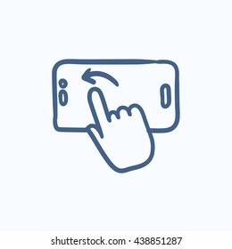 Finger touching smartphone vector sketch icon isolated on background. Hand drawn Finger touching smartphone icon. Finger touching smartphone sketch icon for infographic, website or app.