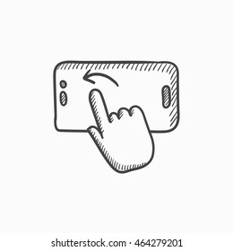 Finger touching smartphone vector sketch icon isolated on background. Hand drawn Finger touching smartphone icon. Finger touching smartphone sketch icon for infographic, website or app.