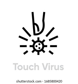 Finger Touching Virus icon. Editable line vector. Sign finger hand of a man in contact with a coronavirus bacterium. Single pictogram.