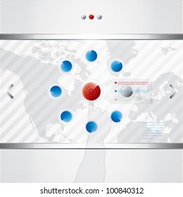 Finger touching world map on a touch screen. Vector