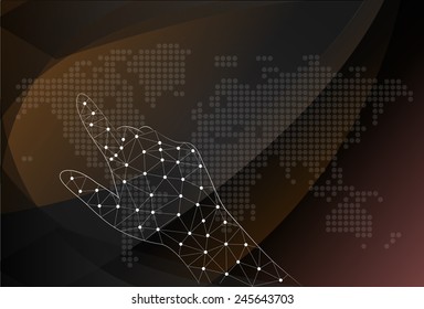 Finger touching world map on a touch screen. Vector.